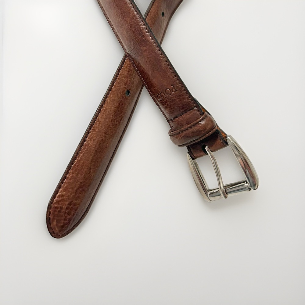 Polo by Ralph Lauren Brown Leather Belt with Silver Roll Buckle Length 38"